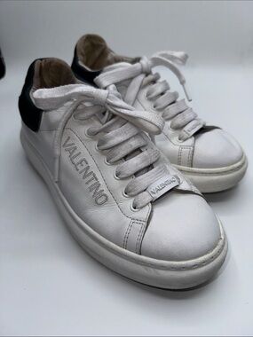 Valentino White Leather Sneakers with Black Heel Accent